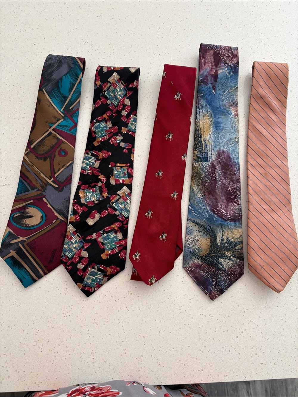 Vintage Men's Tie Set - Burgundy, Black, Blue, Peach & Teal Accents